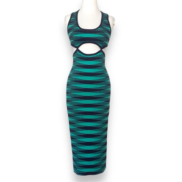 VRG GRL Women's Teal Green Blue Open Back Bodycon Midi Dress Size US 4 Stretchy - Picture 1 of 11